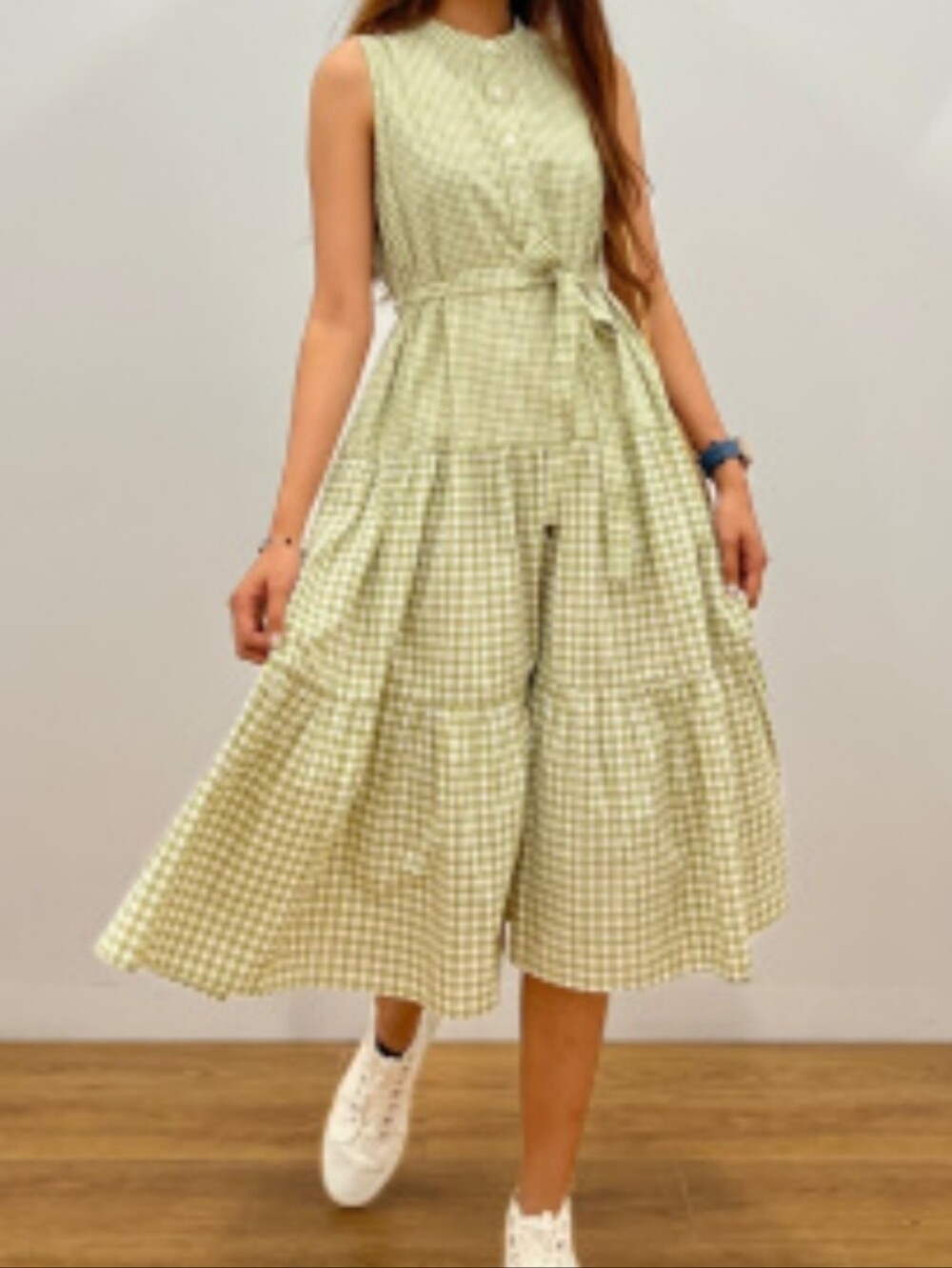 UNIQLO Sleeveless Gingham Midi Dress in Light Green